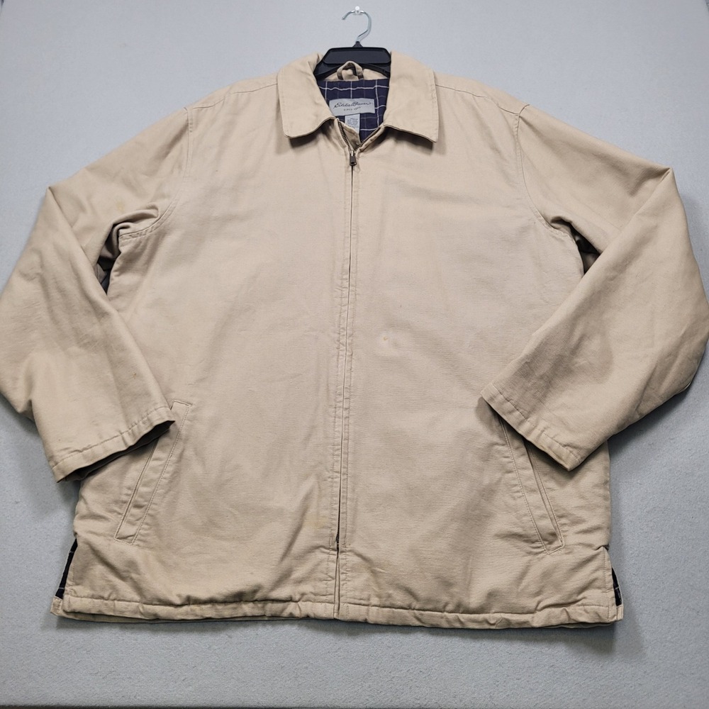 Eddie Bauer Mens XL Tall Beige Canvas Barn Jacket Work Coat Full Zip Plaid Lined